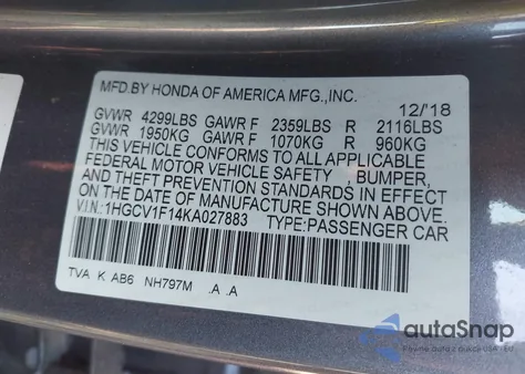 2019 Honda Accord Lx из США, поврежденный, VIN 1HGCV1F14KA027883